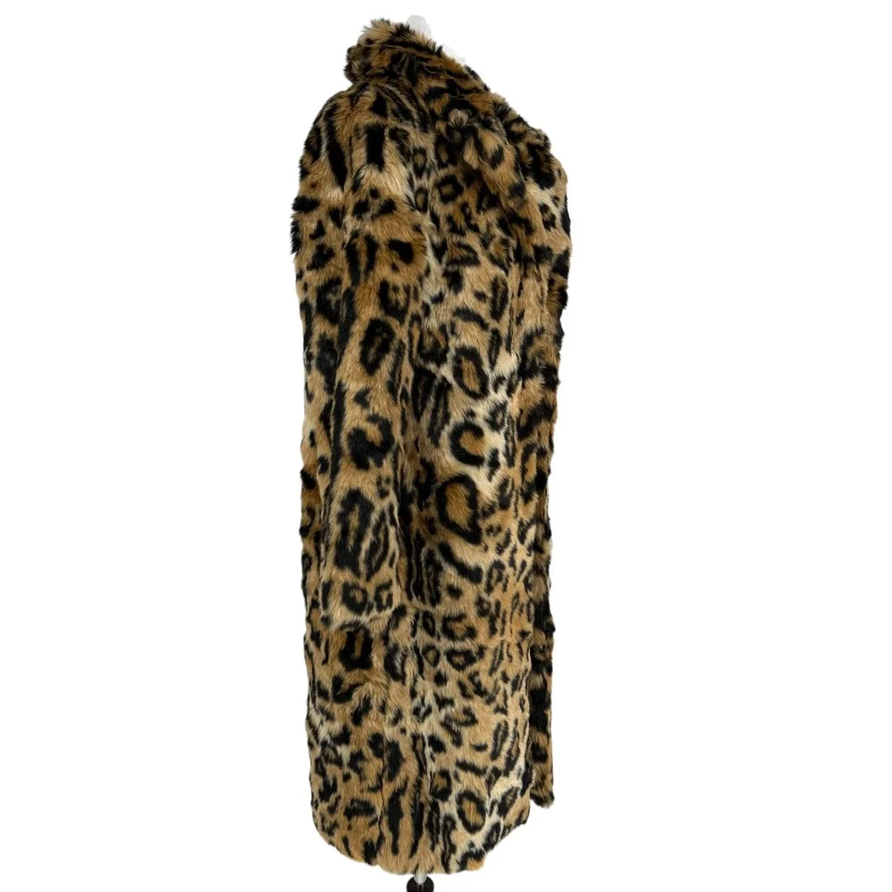 Leopard Print Faux Fur Longline Coat Womens Notched Collar Tan Black Animal